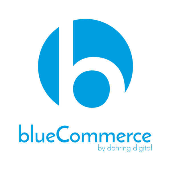 Transparentes B in blauem Kreis, darunter blueCommerce by döhring digital Schriftzug